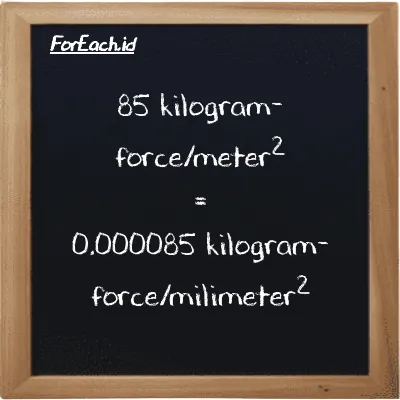 85 kilogram-force/meter<sup>2</sup> is equivalent to 0.000085 kilogram-force/milimeter<sup>2</sup> (85 kgf/m<sup>2</sup> is equivalent to 0.000085 kgf/mm<sup>2</sup>)
